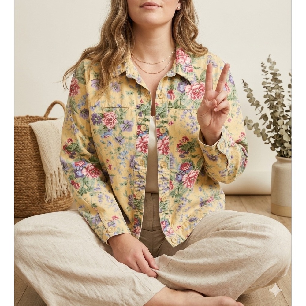 Vintage Lemon Grass Floral Cotton Jacket Yellow XL Button Front Trucker Style